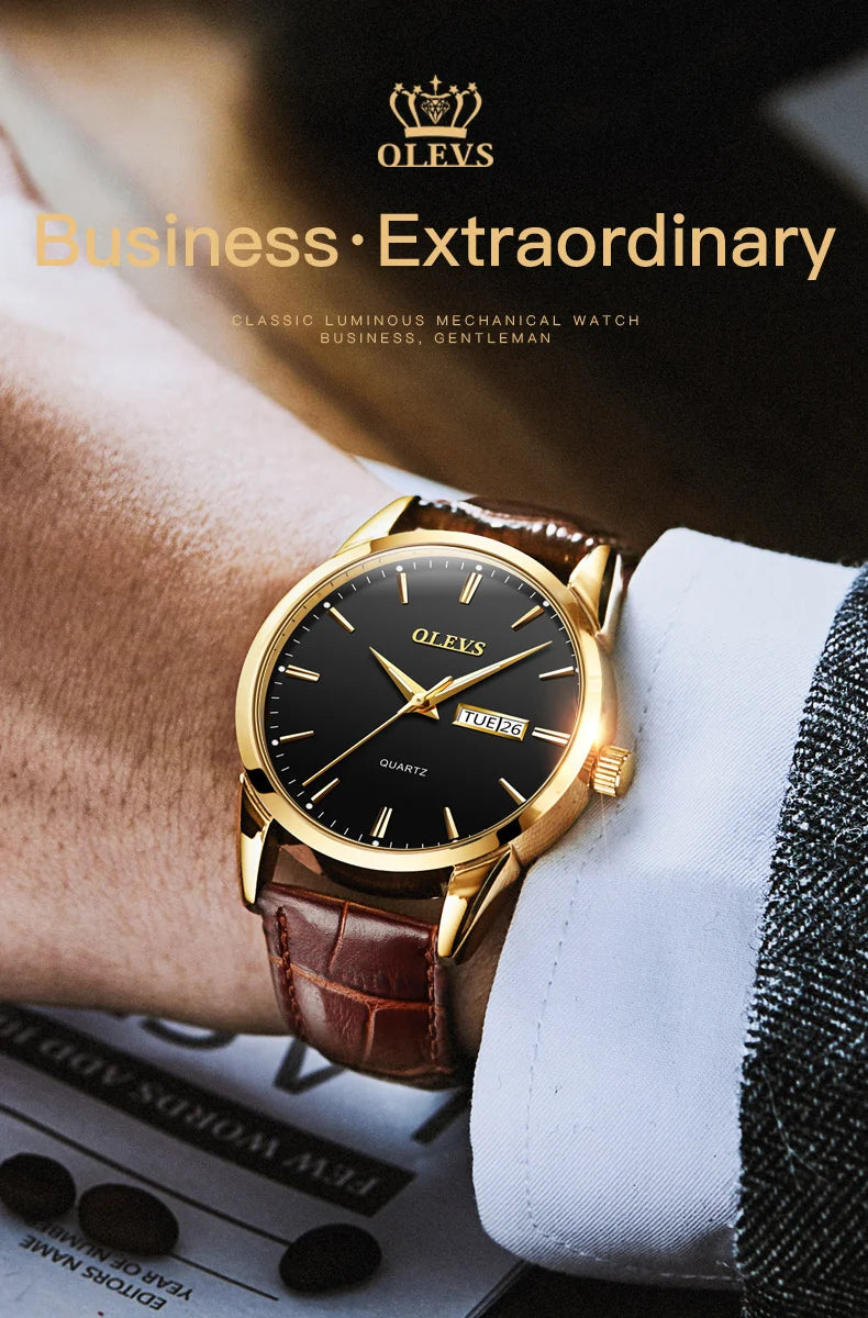 OLEVS  6898 Top Brand Quartz Watch for Men Leather Strap Waterproof Wristwatch Date Week Display Popular Casual Dress Men Watch