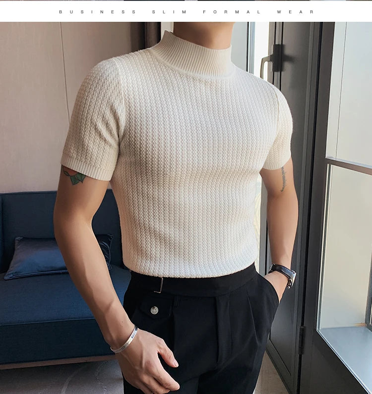 Fall Winter New Short Sleeve Knitted Sweater Men Clothing Half High Neck Slim Fit Sweater T-shirt Casual Stretch Homme Pullover