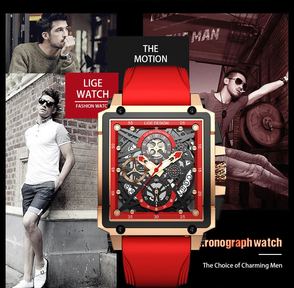 2025 New LIGE Men Watches Top Brand Luxury Hollow Square Sport Watch For Men Fashion Silicone Strap Waterproof Quartz WristWatch