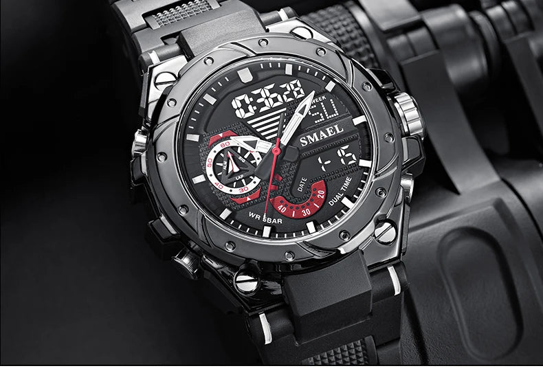 Quartz Watch For Men SMAEL Wristwatches Watcholorful Red Bracelet 50M Waterproof Alarm Clock Analog Digitals 8060 Sport Watches
