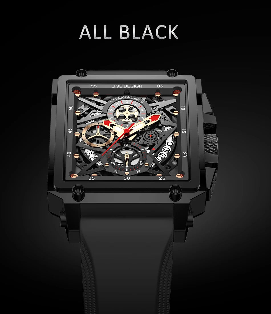 2025 New LIGE Men Watches Top Brand Luxury Hollow Square Sport Watch For Men Fashion Silicone Strap Waterproof Quartz WristWatch