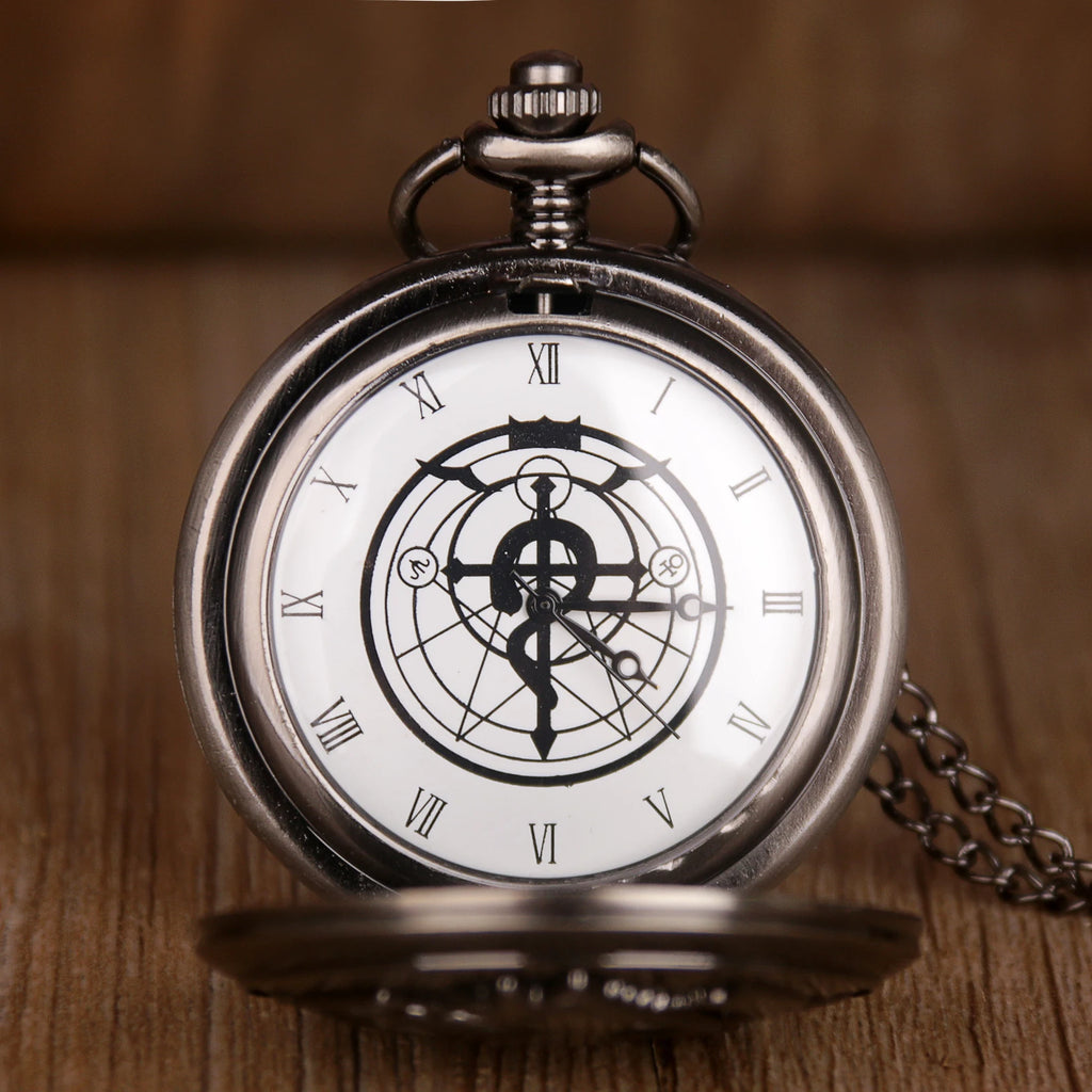 Antique FullMetal Alchemist Edward Elric Cosplay Quartz Pocket Watch with Pendant Necklace Men Women Fob Watch