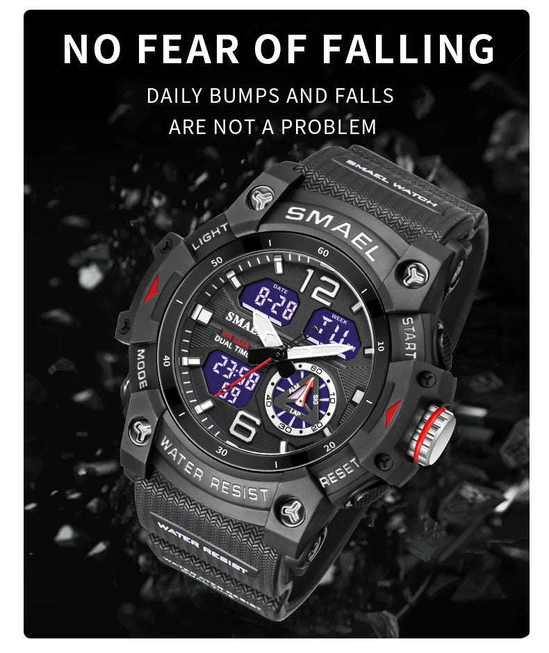 SMAEL 8007 Men's Analog Digital Dual Display Sport Watch - 50M Waterproof LED Backlight Alarm Stopwatch Chronograph Shockproof