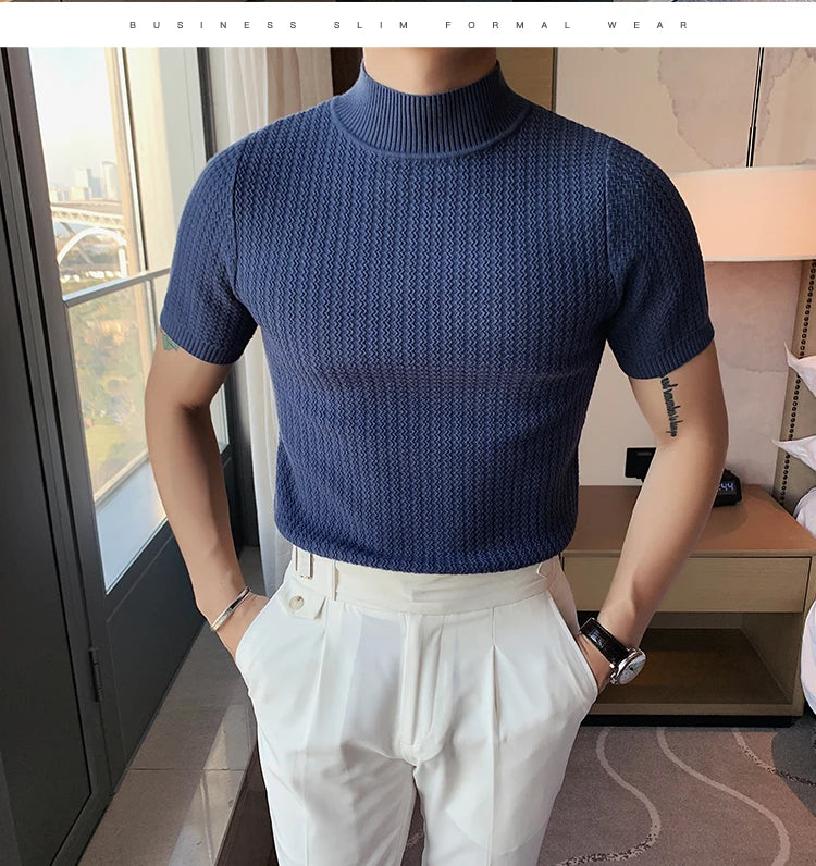 Fall Winter New Short Sleeve Knitted Sweater Men Clothing Half High Neck Slim Fit Sweater T-shirt Casual Stretch Homme Pullover