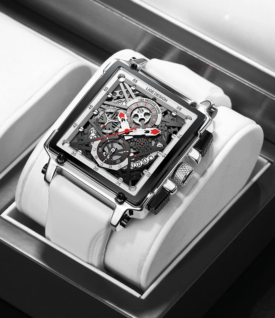 2025 New LIGE Men Watches Top Brand Luxury Hollow Square Sport Watch For Men Fashion Silicone Strap Waterproof Quartz WristWatch
