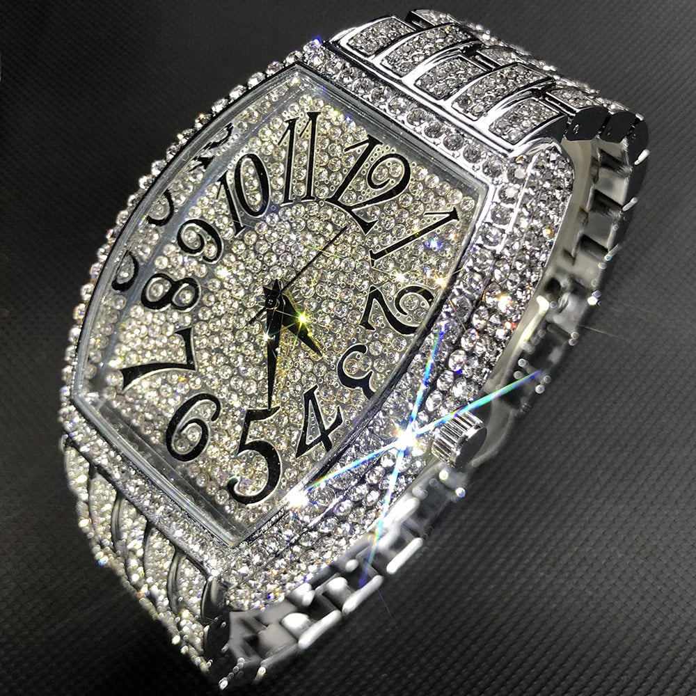 Luxury Ice Out Mens Watches Popular Tonneau Full Diamond Silver Geneva Male Watch Hip Hop Original Waterproof relogio masculino