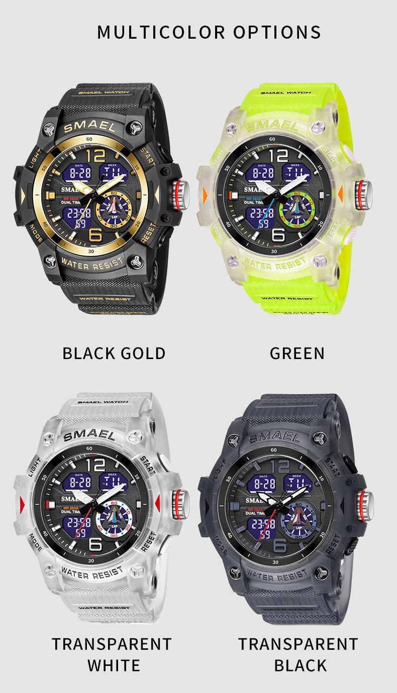 SMAEL 8007 Men's Analog Digital Dual Display Sport Watch - 50M Waterproof LED Backlight Alarm Stopwatch Chronograph Shockproof