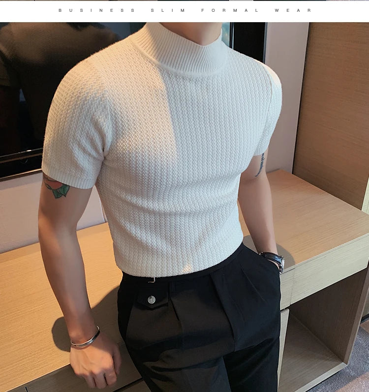 Fall Winter New Short Sleeve Knitted Sweater Men Clothing Half High Neck Slim Fit Sweater T-shirt Casual Stretch Homme Pullover