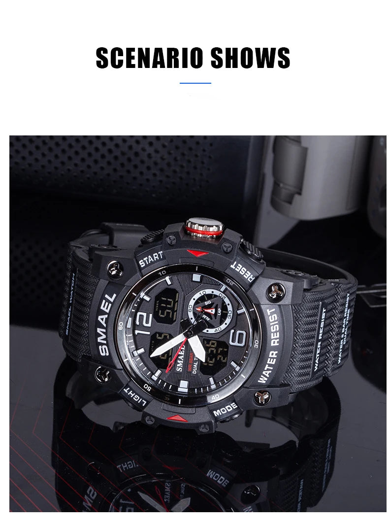 SMAEL 8007 Men's Analog Digital Dual Display Sport Watch - 50M Waterproof LED Backlight Alarm Stopwatch Chronograph Shockproof