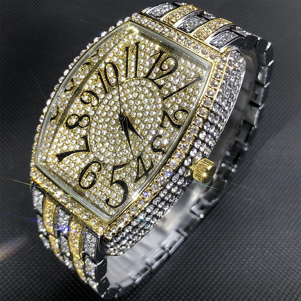 Luxury Ice Out Mens Watches Popular Tonneau Full Diamond Silver Geneva Male Watch Hip Hop Original Waterproof relogio masculino