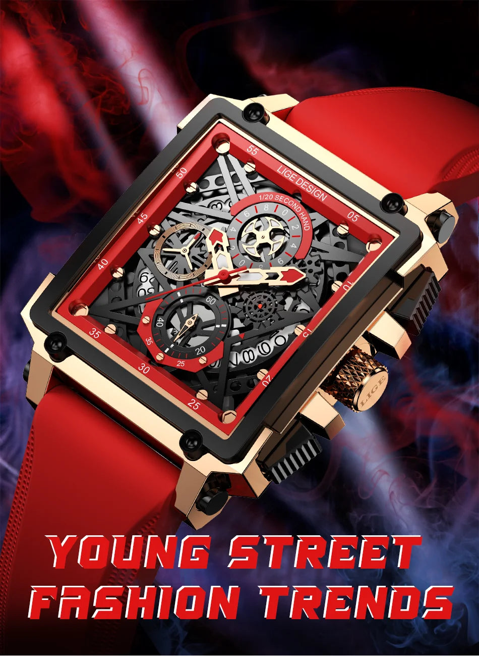 2025 New LIGE Men Watches Top Brand Luxury Hollow Square Sport Watch For Men Fashion Silicone Strap Waterproof Quartz WristWatch