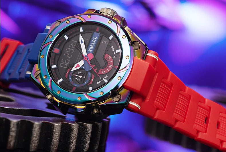 Quartz Watch For Men SMAEL Wristwatches Watcholorful Red Bracelet 50M Waterproof Alarm Clock Analog Digitals 8060 Sport Watches