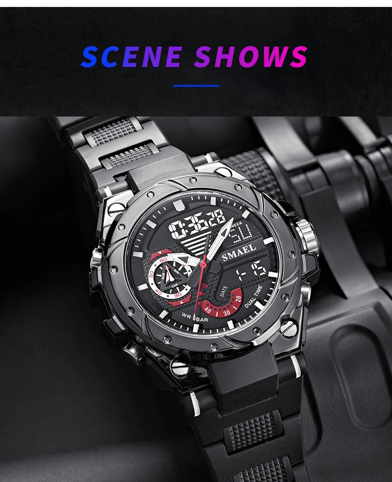 Quartz Watch For Men SMAEL Wristwatches Watcholorful Red Bracelet 50M Waterproof Alarm Clock Analog Digitals 8060 Sport Watches