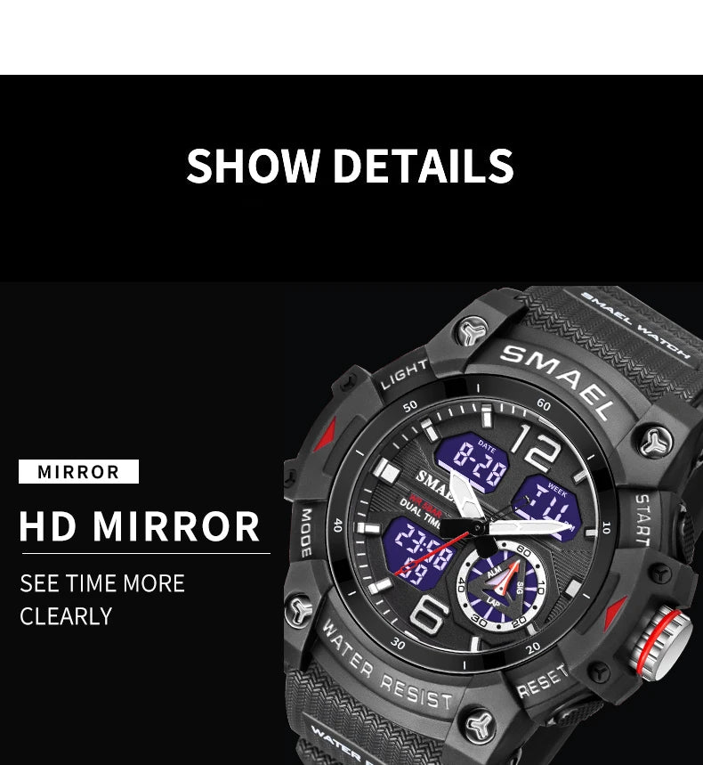 SMAEL 8007 Men's Analog Digital Dual Display Sport Watch - 50M Waterproof LED Backlight Alarm Stopwatch Chronograph Shockproof