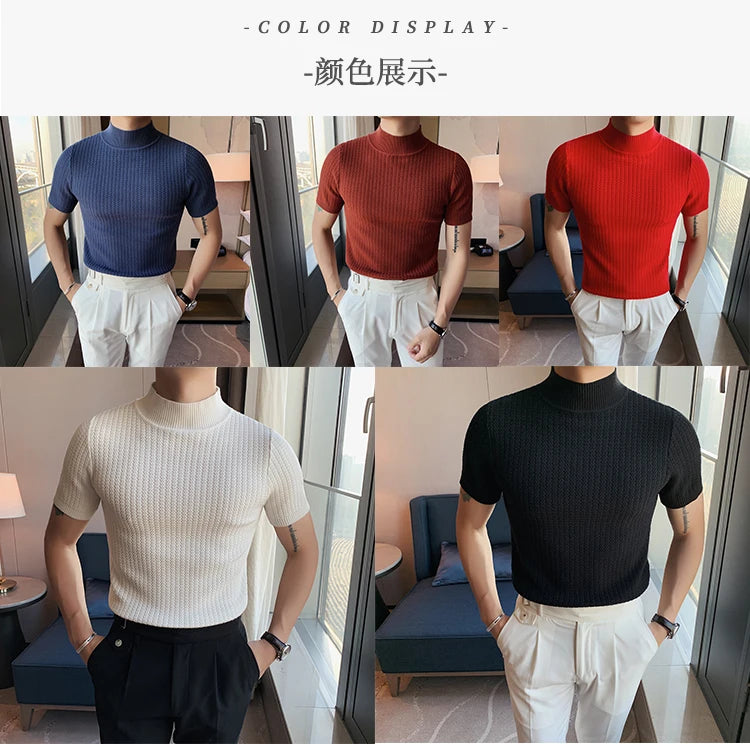 Fall Winter New Short Sleeve Knitted Sweater Men Clothing Half High Neck Slim Fit Sweater T-shirt Casual Stretch Homme Pullover
