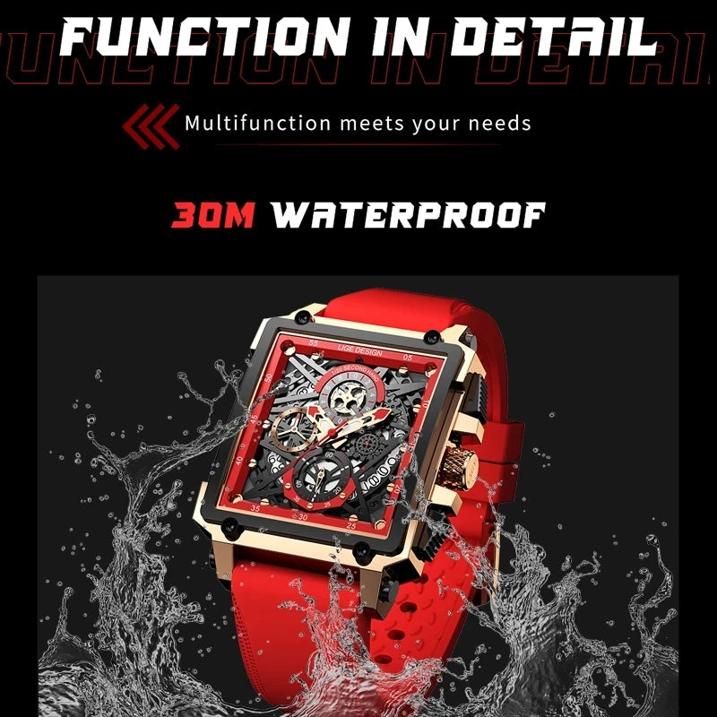 2025 New LIGE Men Watches Top Brand Luxury Hollow Square Sport Watch For Men Fashion Silicone Strap Waterproof Quartz WristWatch