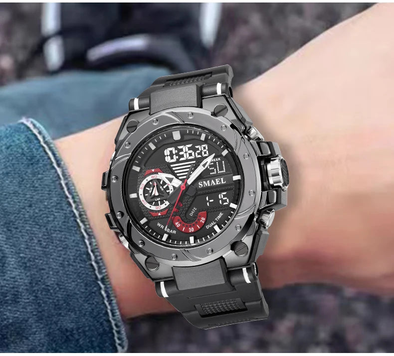 Quartz Watch For Men SMAEL Wristwatches Watcholorful Red Bracelet 50M Waterproof Alarm Clock Analog Digitals 8060 Sport Watches