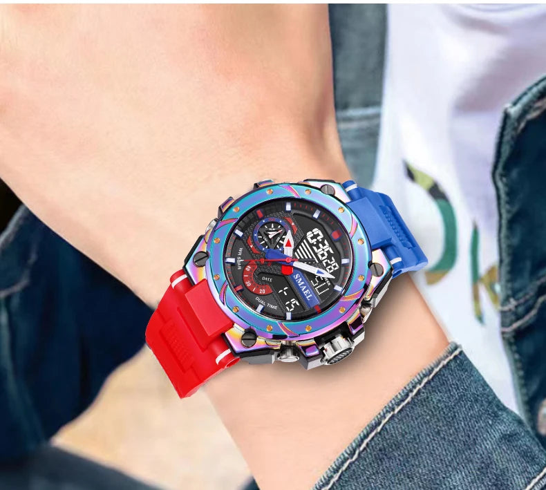Quartz Watch For Men SMAEL Wristwatches Watcholorful Red Bracelet 50M Waterproof Alarm Clock Analog Digitals 8060 Sport Watches