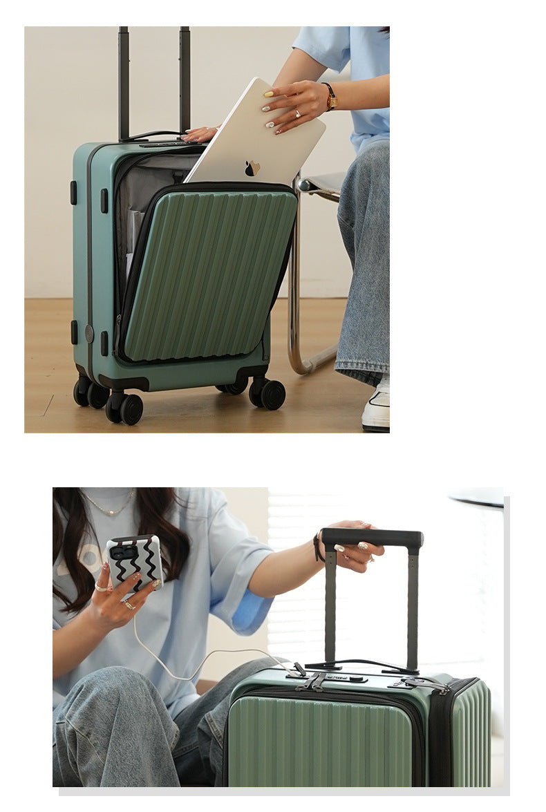 KLQDZMS Carry-on Suitcase Front Opening Laptop Boarding Case 20 Inch USB Charging Trolley Case Password Box Cabin Luggage