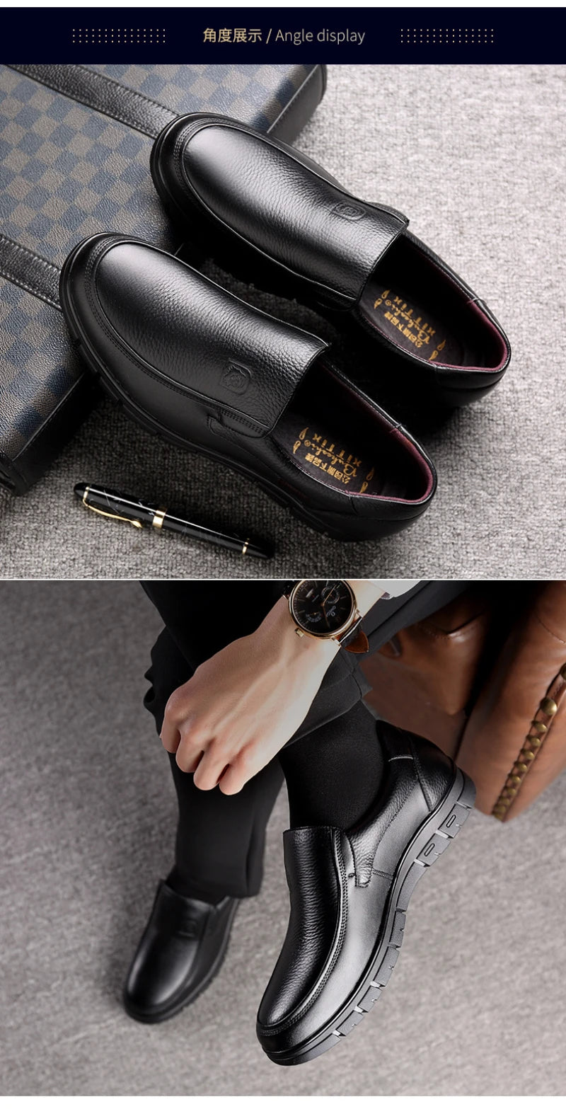 Mens Black Genuine Leather Slip On Loafers Soft Cushioned Sole Comfortable Business Casual Shoes For Middle Aged Dad Daily