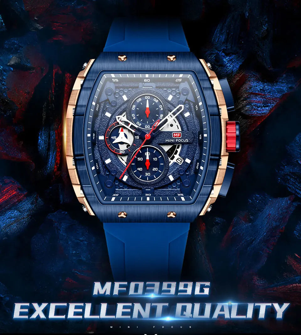 MINI FOCUS Chronograph Quartz Watches for Men Military Sport Silicone Strap Waterproof Wristwatch with Tonneau Dial Auto Date