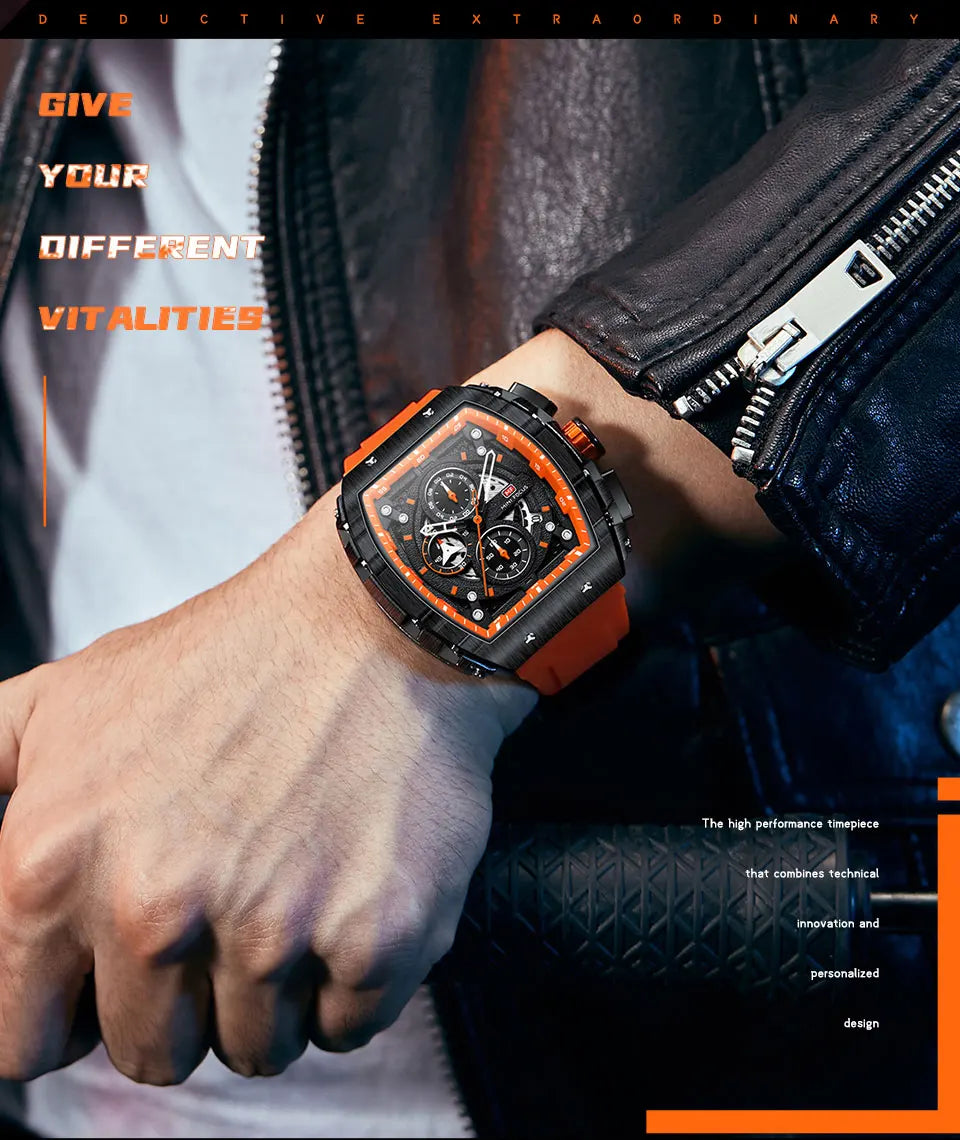 MINI FOCUS Chronograph Quartz Watches for Men Military Sport Silicone Strap Waterproof Wristwatch with Tonneau Dial Auto Date