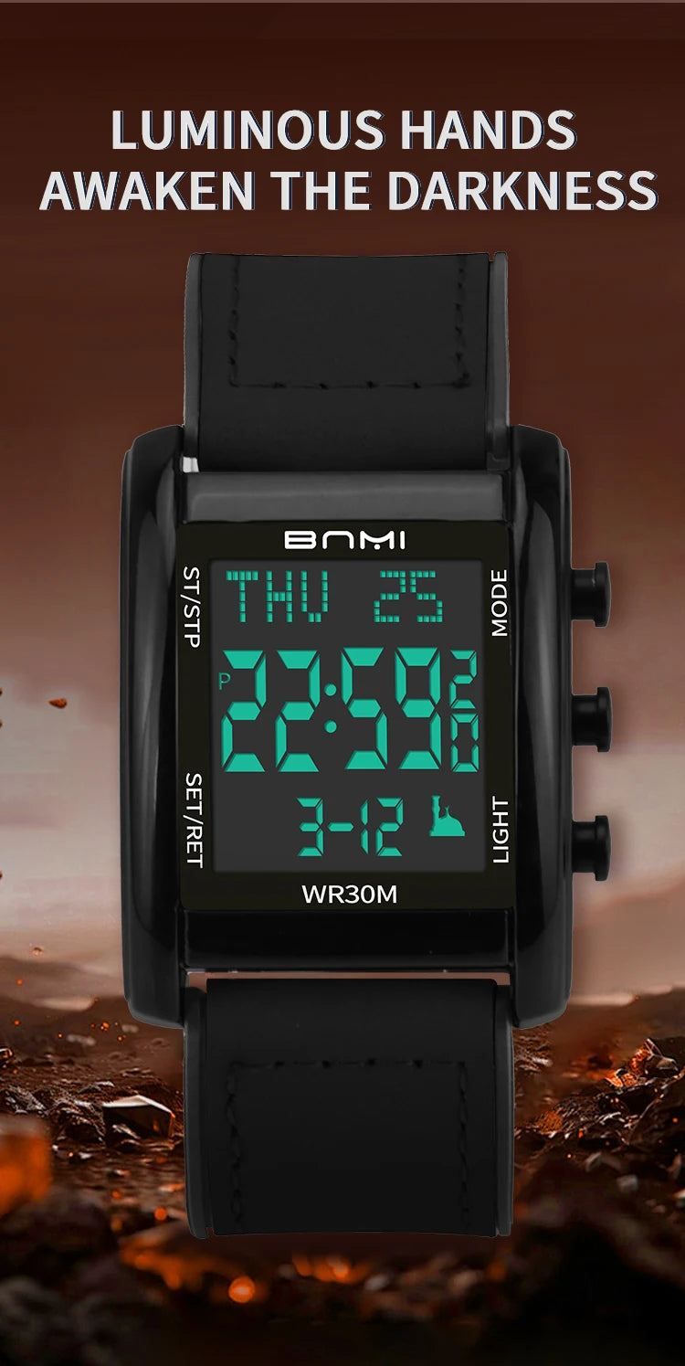 BNMI Men's Digital Watch Multifunctional Square Electronic Man Watches Luminous Weekly LED Display Alarm Stopwatch