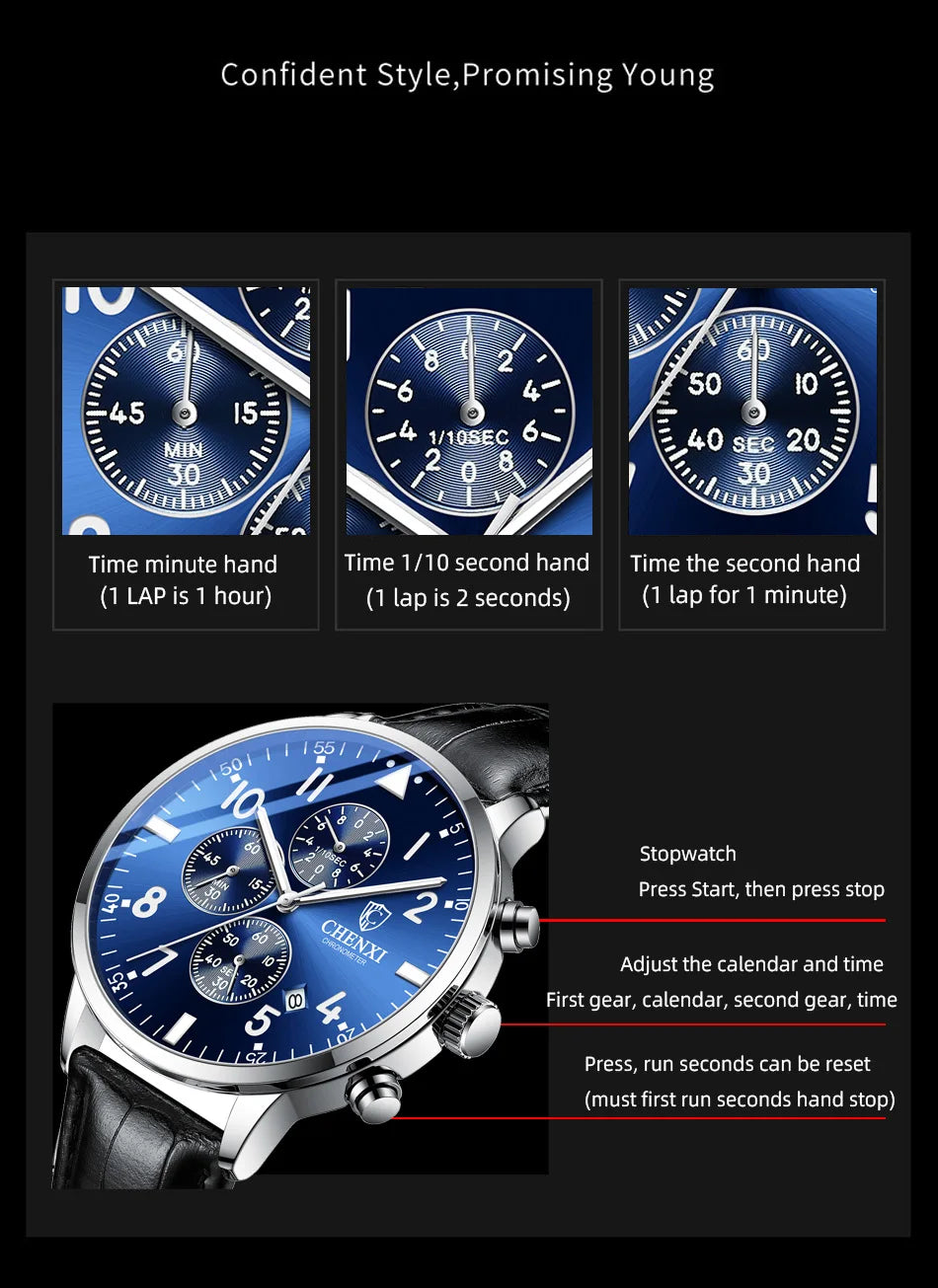 2025 New CHENXI Man Watch 43mm Classic Sports Chronograph Waterproof Luminous Quartz Men's Watches Leather Strap