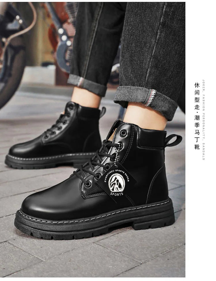 High Top Boots Men's Leather Shoes Fashion Motorcycle Ankle Boots for Men Winter Boots Man Shoes Lace-Up Botas Men Flat Sneakers
