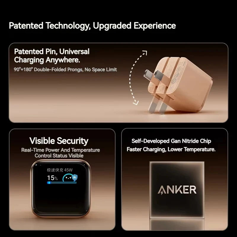 Original Choice A121D Anker Nano Smart 45W Type C Charger Fast Charging Foldable Plug USB C Charger Block Screen Display