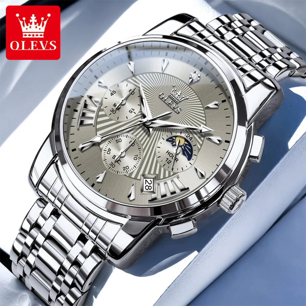 OLEVS 2892 Men Watch Original Quartz Watch Luxury Waterproof Luminous Calendar Moon Phase Chronograph Business Sports Men Watch