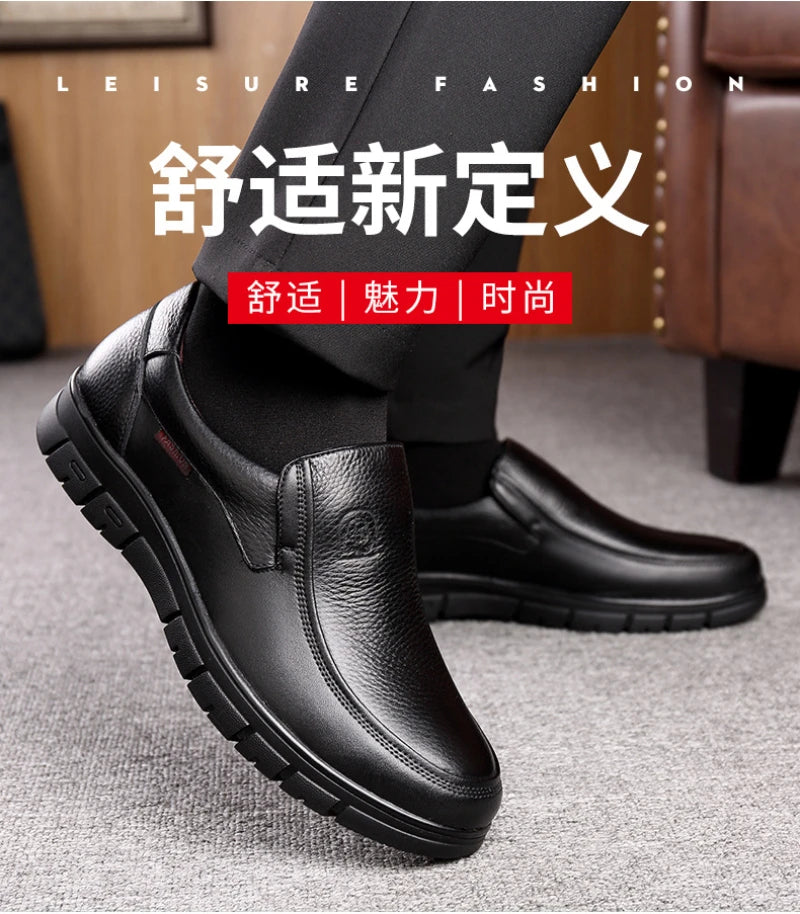 Mens Black Genuine Leather Slip On Loafers Soft Cushioned Sole Comfortable Business Casual Shoes For Middle Aged Dad Daily