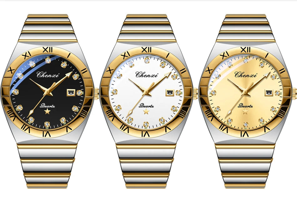 CHENXI Watches For Men Sweep Second Movement See-through Quartz, Waterproof Mens Watch Stainless Steel Golden Wristwatches