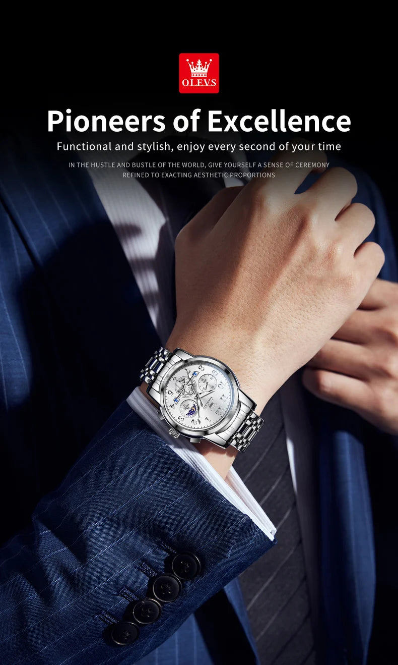 OLEVS 2900 Mens Watch Original Stainless Steel Watches For Men Calendar Moon Phase Quartz Watch Chronograph Freebie Reloj