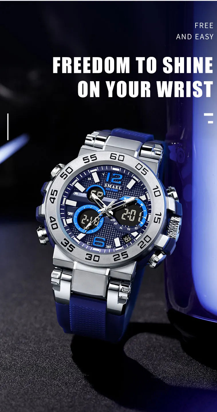 SMAEL 8106 Men's Analog Digital Dual Display Sport Watch - 50M Waterproof LED Backlight Alarm Chronograph Stopwatch