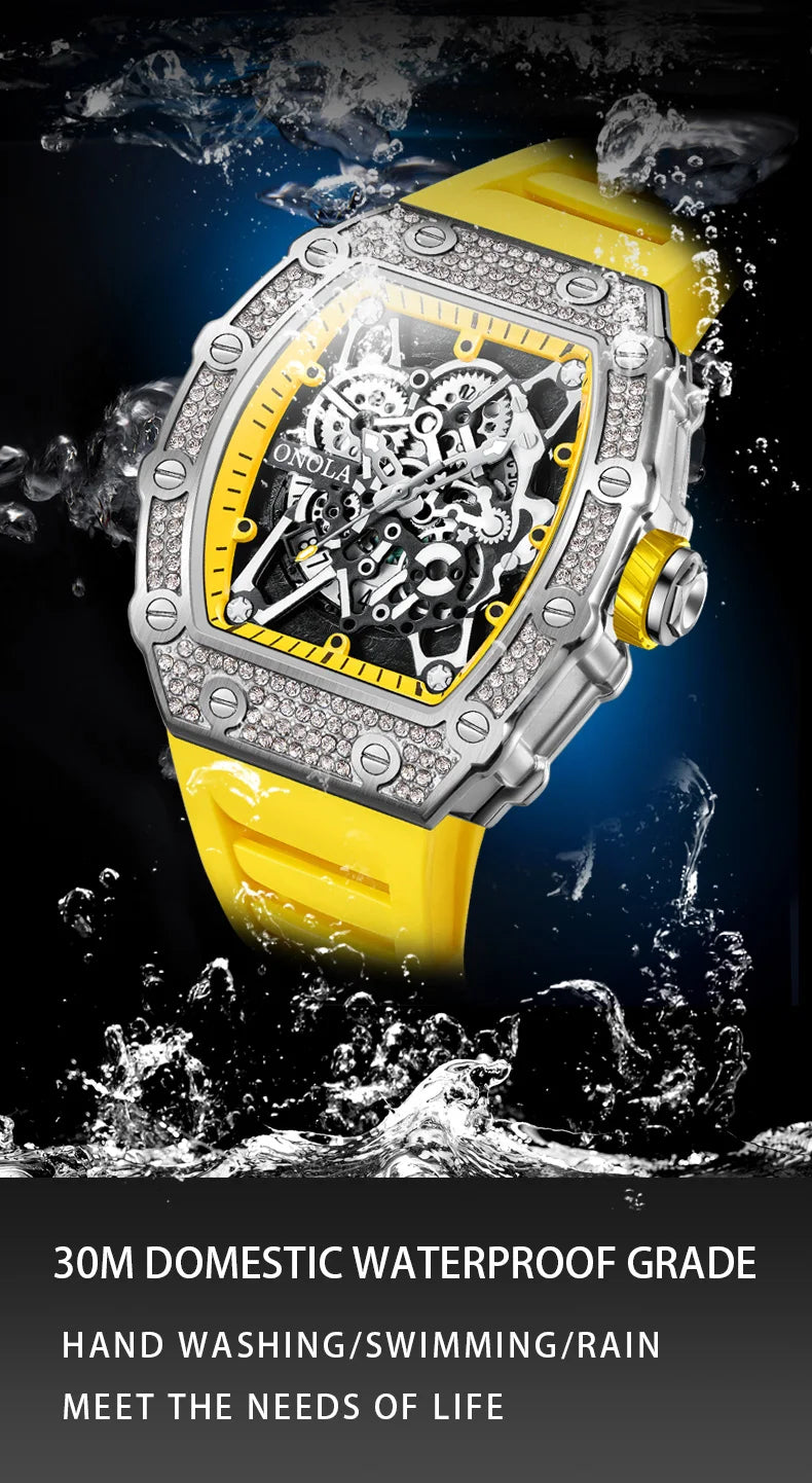 ONOLA Fashion Watch For Men Automatic Date Sports Silicone Strap Tonneau Clock Iced Diamond Quartz WristWatch Reloj Dropshipping