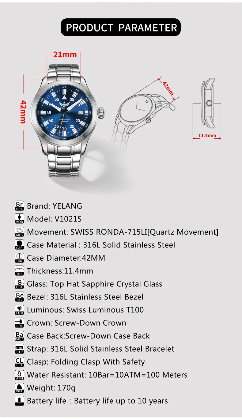 YELANG V1021S Men Quartz Watch 42mm Swiss Ronda  Movement 10-year battery life T100 Luminous 100m Waterproof Men's Diving Watch