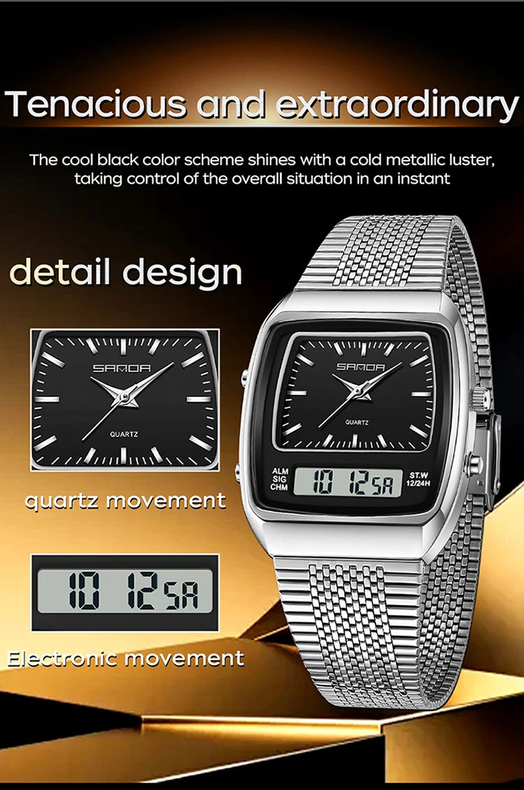 SANDA Outdoor Dual Display Men's Watch Luminous Waterproof TPU Strap Large Dial Chronograph Calendar Sports Wristwatch