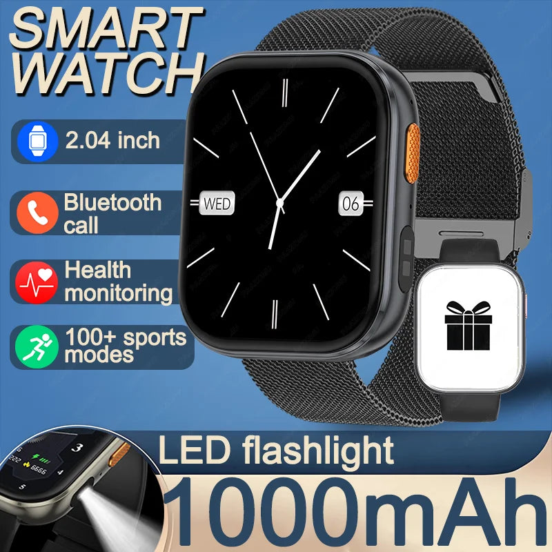 New 1000mAh Large Battery Smartwatch Men Women | 2.04"HD Screen BluetoothCall Heart Rate Monitor Flashlight Sports Fitness Watch