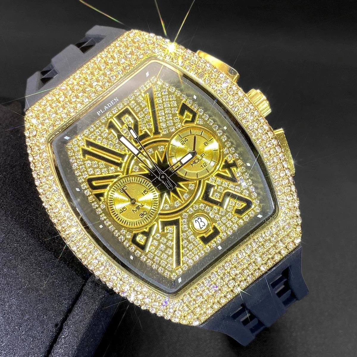 PLADEN Fashion Iced Out Watches Men Casual Blue Silicone Strap Quartz Wristwatch Man's Luxury Diamond Bling Tonneau Clocks 2026