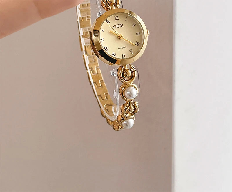 GEDI New Fashion Watch for Women Pearl Chain Temperament Wristwatches Vintage Luxury Elegant Waterproof Quartz Watches Ladies