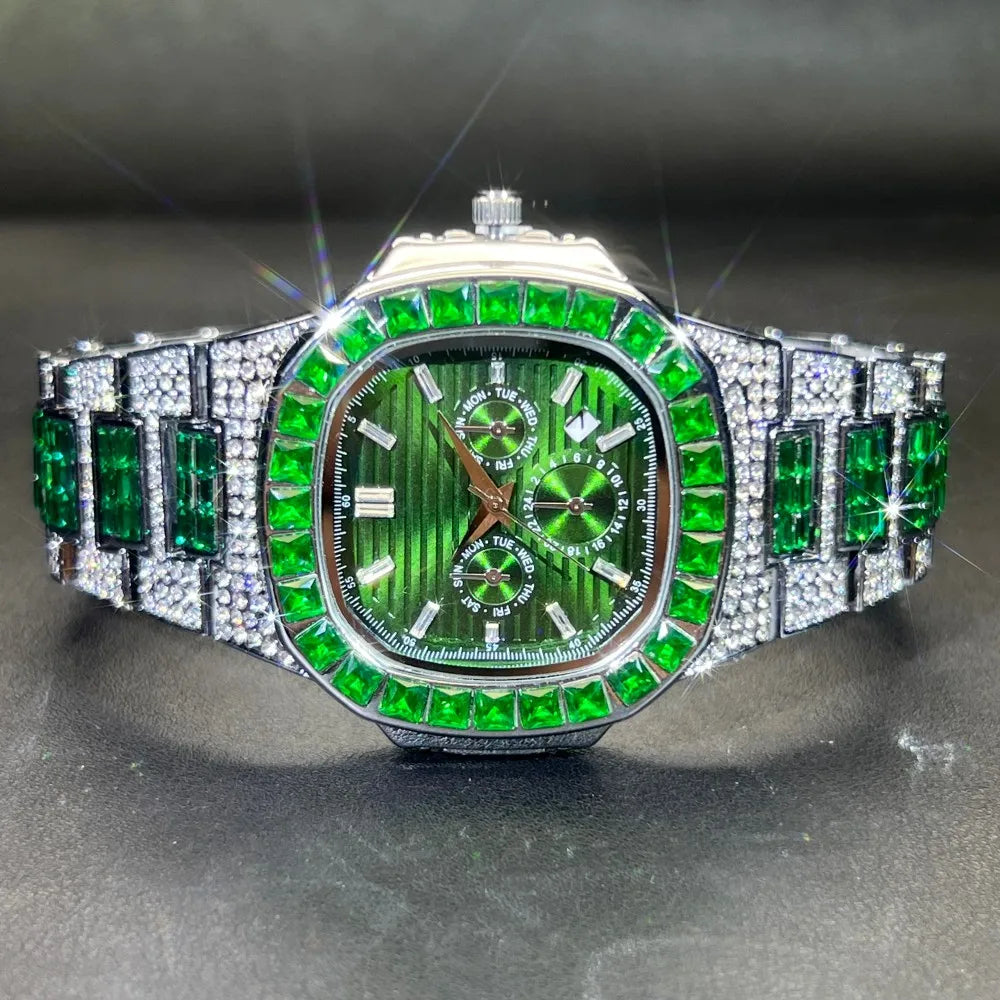 MISSFOX Luxury Watch For Men Green Sliver IcedOut Diamond Hip Hop Quartz Waterproof Clock Men Square Diamond Male Watch 2025 New