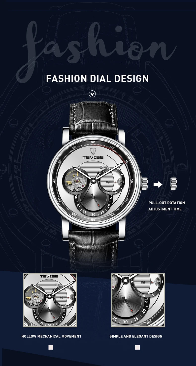 Automatic Mechanical Watch for Men Leather Strap Skeleton Watch 24 Hours Luminous Watch Fashion Casual Watch