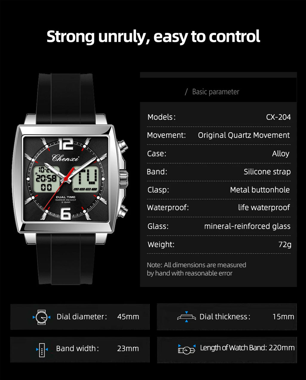 Fashion Casual Men Sports Watch Square Dial Dual Time CHENXI Watches Silicone Strap Waterproof Multifunction Wristwatch Male
