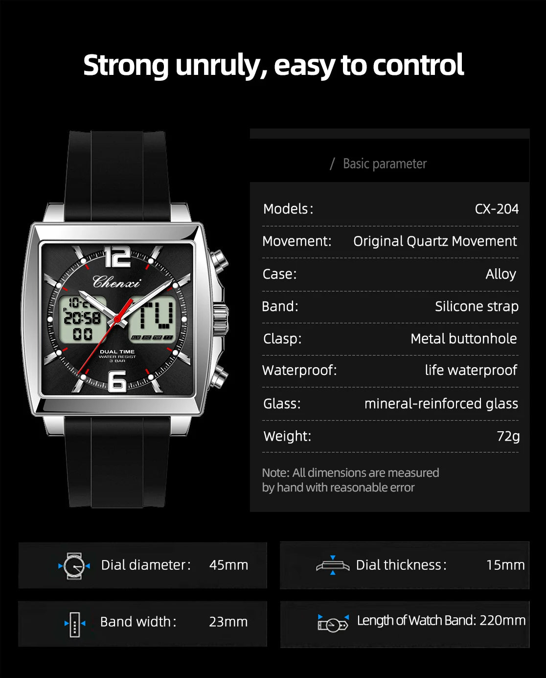 Fashion Casual Men Sports Watch Square Dial Dual Time CHENXI Watches Silicone Strap Waterproof Multifunction Wristwatch Male