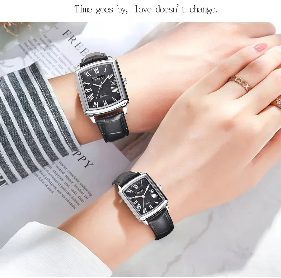 CHENXI Quartz Couple Watches Fashion Casual Rectangle Dial Alloy Man Woman Watch Luminous Calendar Couples Watch