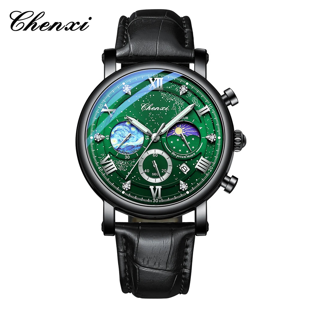 CHENXI Multi-functional Fashion Men's Watches Luminous Moon Phase Chronograph Men Wristwatches Calendar Quartz Watch For Man