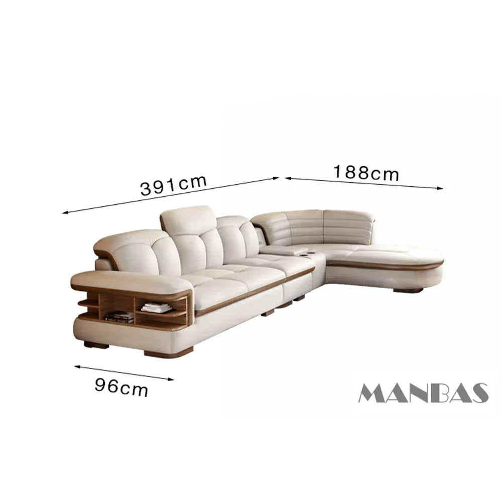 MANBAS Luxury L-Shaped Genuine Leather Sectional Sofa Sets with USB, Bluetooth Speaker - Living Room Italian Leather Couches