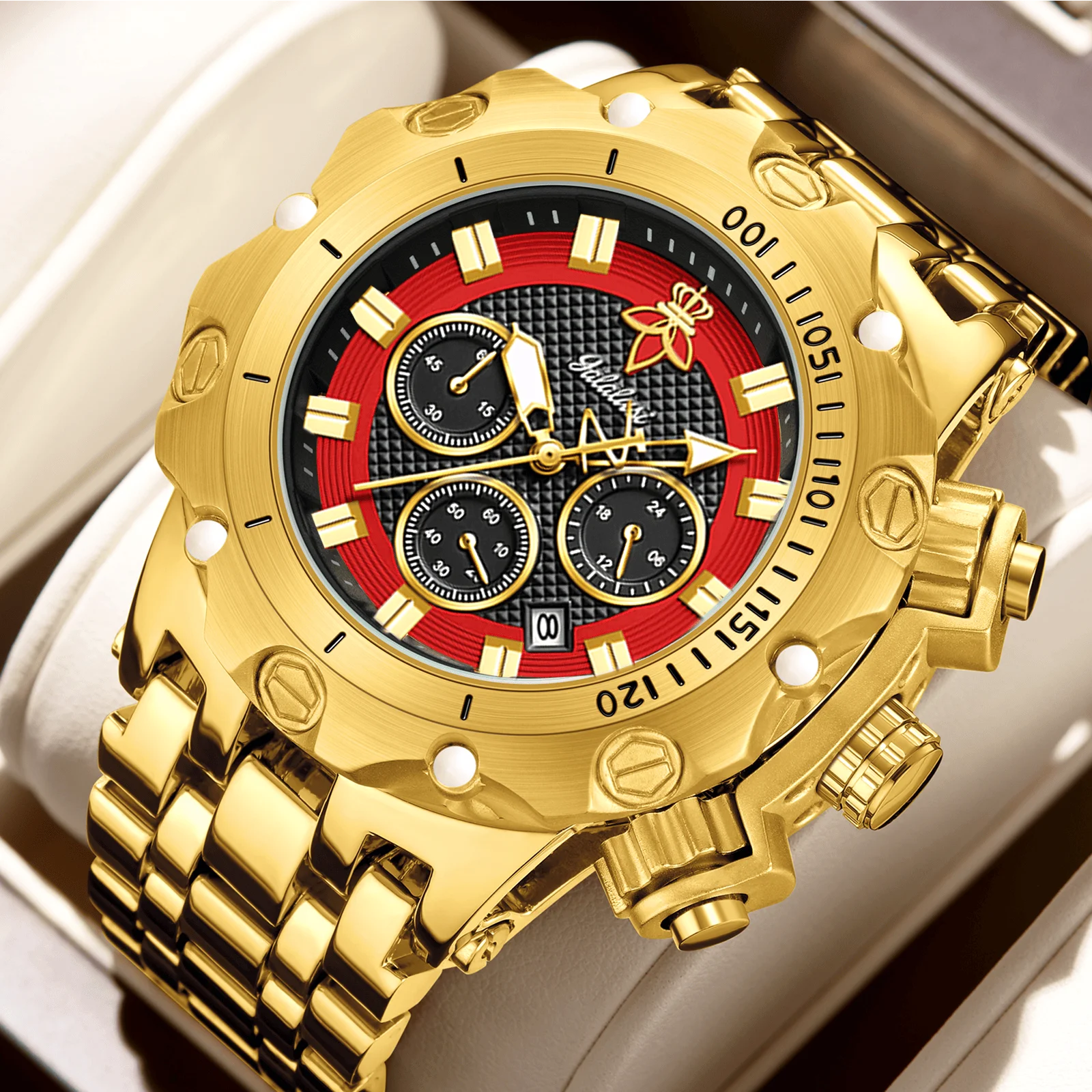 YaLaLuSi Men's Multifunctional Luxury Watch, Gold Strap with Atmospheric Dial, Fashionable and Practical Gift box