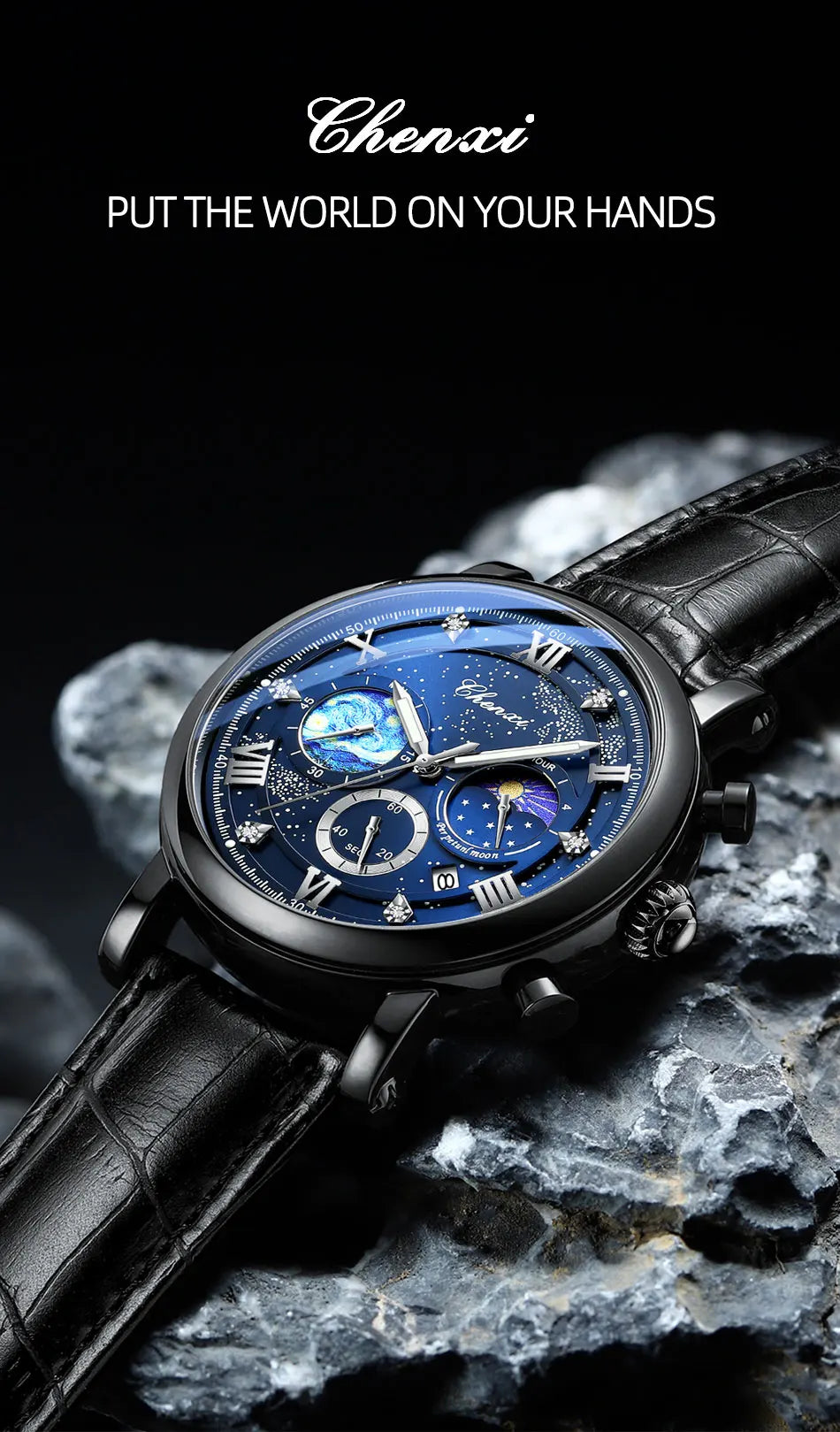 CHENXI Multi-functional Fashion Men's Watches Luminous Moon Phase Chronograph Men Wristwatches Calendar Quartz Watch For Man